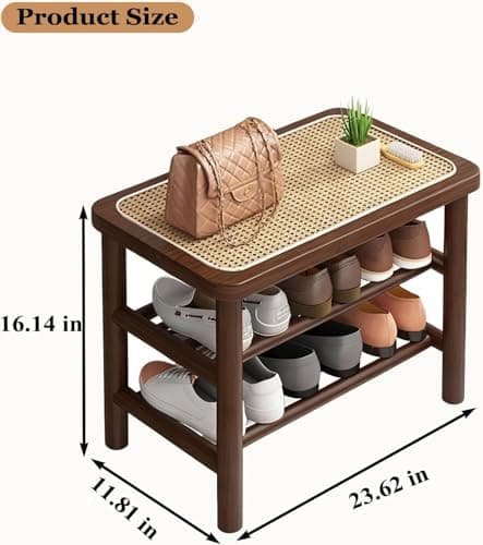latifolia Shoe Rack Bench, 3-Tier Bamboo Shoe Bench with Breathable Rattan Seat Cushion, Shoe Storage Rack for Entryway(Walnut,23.62''L) - Thumbnail 2