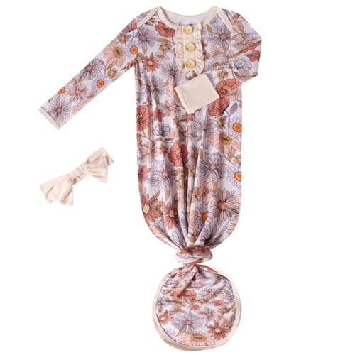 Baby Newborn Knotted Gown, Soft Breathable Viscose from Bamboo for Infant Home Coming Outfit, Knotted Gown with Headband (Daisy Flower, Newborn) - Image 1