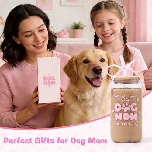 LANGASQUE Dog Mom Gift for Women, 16oz Glass Cup with Lids Straws Pink Bow Gift Box, Christmas Dog Lover Gifts, Dog Mom Gift for Birthday Mothers Day - Thumbnail 5