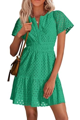 PRETTYGARDEN Womens 2026 Summer Short Dress V Neck Short Sleeve A Line Hollow Out Lace Cute Casual Beach Party Spring Dresses (Green,Small)