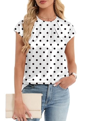 Funlingo Womens Blouses Dressy Casual Short Cap Sleeve Silk Satin Polka Dot Tops Summer Trendy Pleated Business Work Shirts 2026 White XL - Image 1