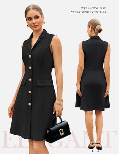 GRACE KARIN Summer Business Work Dress for Women Black Dress Sleeveless Midi Dress V Neck Dress M - Thumbnail 3