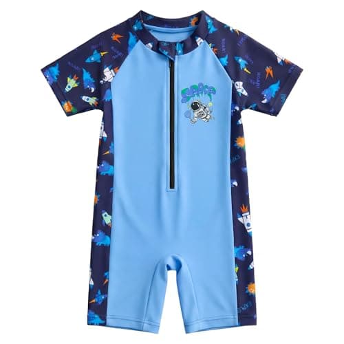 DivingBirds Toddler Boy Rash Guard Swimsuit Short Sleeve,Baby Boy One Piece Swimwear Sun Protection Bathing Suit,Blue Rocket,6-9 Months - Image 1