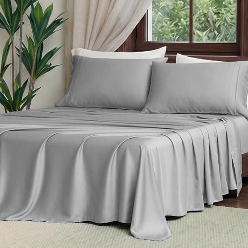Amélie Home 100% Tencel Lyocell Sheet Set Queen Size 4 Pieces, Silky Soft Breathable Cooling Sheet Set with 16 Inch Deep Pocket for Hot Sleepers, Grey