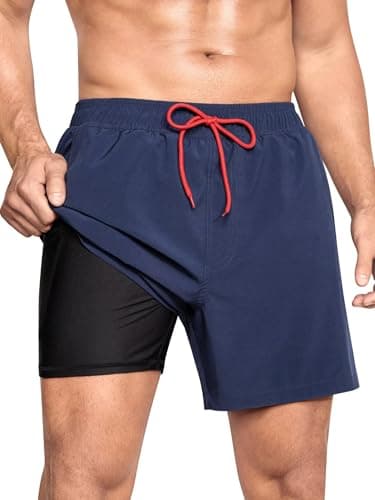 SILKWORLD Mens Swim Trunks with Compression Liner 6" Swim Shorts Quick Dry Bathing Suit Swimming Trunks Zipper Pockets, Navy, X-Large - Image 1