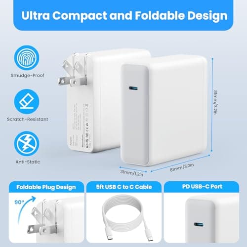 MacBook Pro/Air Charger - 120W USB-C Fast Charger, Compact Laptop Charger Adapter Compatible with USB-C MacBooks, iPads, Samsung Galaxy and More (White) - Thumbnail 5