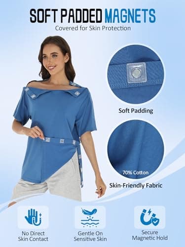 Recorah Shoulder Surgery Recovery Shirt with Magnetic Snaps - Developed with Surgical Experts, Crew Neck Top for One-Handed Dressing - Breathable 70% Cotton Post-Op Wear - Thumbnail 6