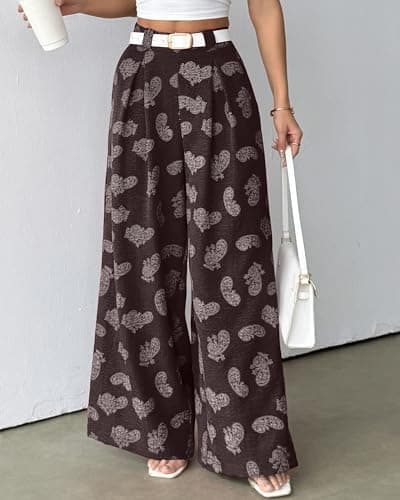 Bsubseach Women Palazzo Pants Modern Boho Floral High Waisted Wide Leg Pants Summer Causal Beach Trousers with Pockets Brown XL - Thumbnail 4