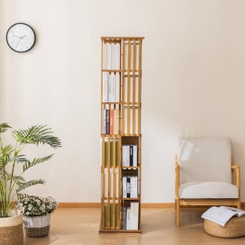 Bamboo Rotating Bookshelf Tower, 360° Spinning Bookcase, 6-Tier Narrow Floor Standing Storage Rack for Corner, Office, Room,Brown - Thumbnail 2