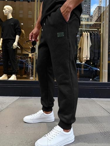 TRFIC Mens Textured Casual Joggers Tapered Cargo Pants with Drawstring Elastic Waist and Pockets for Daily wear Black - Thumbnail 2