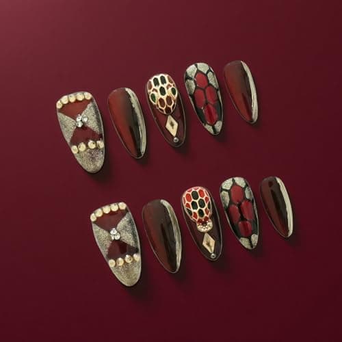 Tesytto Dark Red Press on Nails Luxury Medium Almond, Handmade Fake Nails 3D Design with Snake Charm Rhinestones Glossy Full Cover Thick Acrylic Nails for Valentine's Day(Red Flame,S)