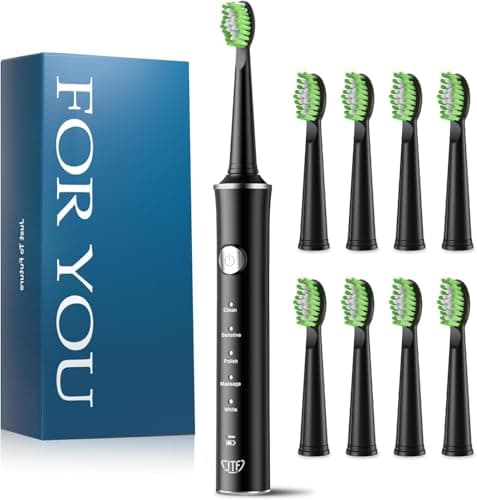 JTF Sonic Electric Toothbrush for Adults: 6 Brush Heads, Travel Bag, Tongue Scraper, 5 Brushing Modes for Teeth, Smart Timer and IPX7 Waterproof, Rechargeable Toothbrush for Deep Cleaning & Whitening - Image 1