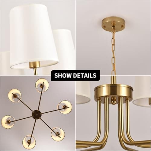 Omgomne Brushed Gold Farmhouse Chandelier with White Fabric Shades, 29.5” 5-Light Modern Dining Room Light, Vintage Rustic Hanging Pendant Lamp for Kitchen Island, Bedroom, Living Room, E12 Base - Thumbnail 5