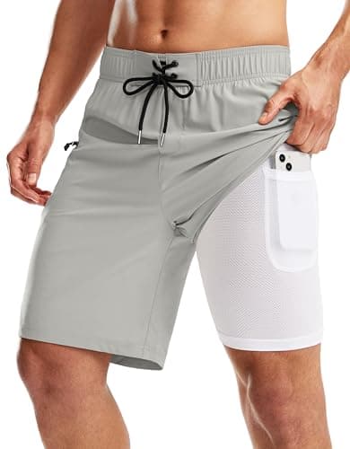 Pinkbomb Men's Swim Trunks with Compression Liner 9 Inch Quick Dry Swimsuit Swimming Swim Board Shorts for Men with Pockets (Bright Grey, XL) - Image 1