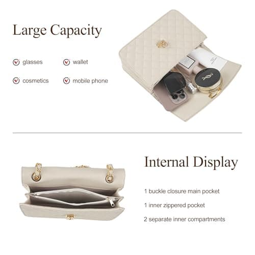 Goinsound womens quilted purse with chain leather crossbody bag designer shoulder bag checkered handbags for go out Beige - Thumbnail 4