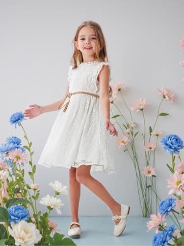 ALLOVIN Toddler and Girls Vintage Boho A-Line Lace Dress with Belt Pom Pom Trim Birthday Party Dress | White | 3-4T - Thumbnail 5