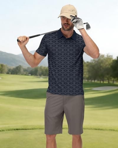 KUYIGO Mens Golf Polo Shirts Dry Fit Performance Moisture Wicking Casual Print Collared Shirts M Dark Blue - Thumbnail 3