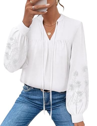 LOOKBOHO Womens Dressy Blouses Casual Mexican Floral Embroidered Long Sleeve Shirts V Neck Pleated Loose Fit Boho Tops S