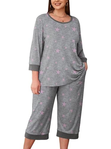 AusLook Women’s Plus Size Pajama Sets Printed 3/4 Sleeve Nightwear Top and Capri Pants 2 Piece Lounge Set with Pockets - Image 1