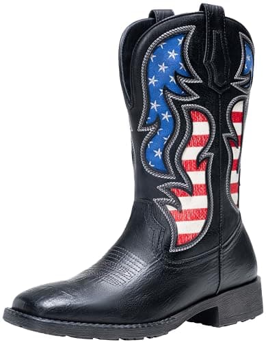 Jousen Cowboy Boots for Men Western Boot Side Zipper American Flag Retro Square Toe Mid-Calf Mens Boots(AMY8428 black 10) - Image 1