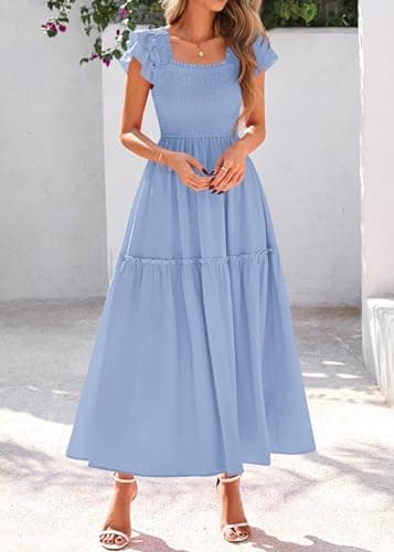 KIRUNDO Smocked Summer Dresses for Women 2026 Wedding Guest Midi Flowy Ruffle Short Sleeve Square Neck Tiered Sundress(Baby Blue, Medium) - Thumbnail 6
