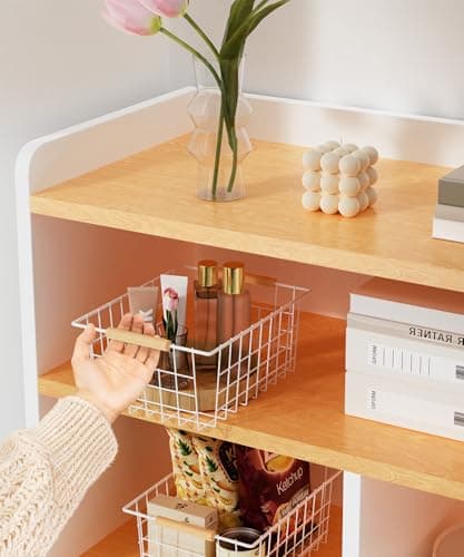 Wire Basket with Wooden Handle, Metal Utility Storage Basket for Organizing Kitchen Pantry Cabinets, Closet and Garage Shelves Drawers, Office Metal Basket Storage Organizer with Handle (White 4 Pack) - Thumbnail 2