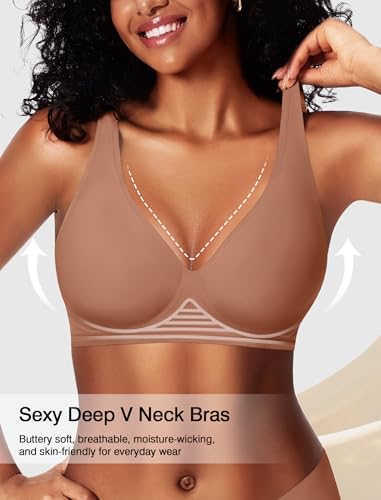 VRVOICE Jelly Wireless Bras for Women Push Up Deep V No Underwire Seamless Plunge Bralettes Comfort Supportive Tshirt Bra, Coffee Medium - Thumbnail 2