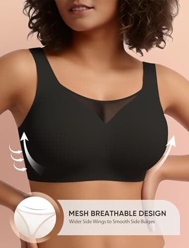 Easybunny Wireless Bras for Women Seamless Supportive V Mesh Bralette Minimizers Comfortable Tshirt Bra for Older Women Black 4XL - Thumbnail 2