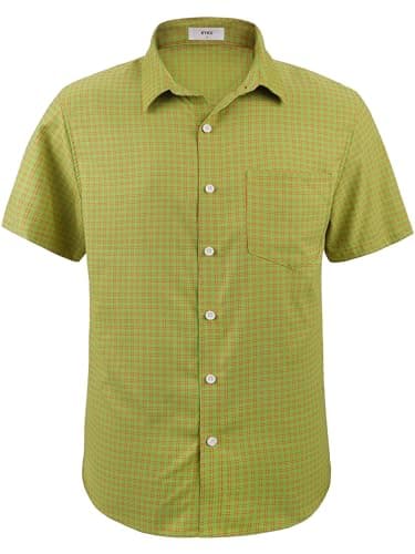 KYKU Mens Plaid Short Sleeve Shirts Button Down Summer Casual Work Collared Shirt Men with Pocket Green Orange XL - Image 1
