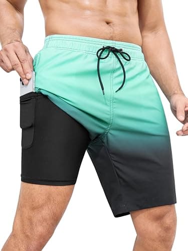 SILKWORLD Men's Swim Trunks Quick Dry Beach Shorts with Compression Liner and Zipper Pocket, Gradient-Green Black, Small - Image 1
