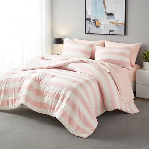 Reversible Striped King Comforter Set-Bed in A Bag 7-Pieces Bedding Set with Double-sided Stripes Design-Warm & Cozy Bed Set Includes King Size Comforter, Sheets set, Pillowcases and Shams, Blush - Thumbnail 2