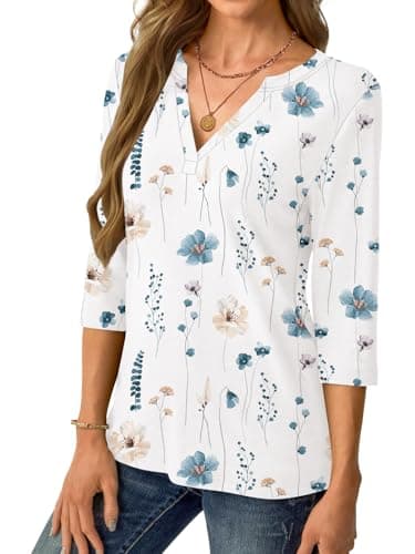 Womens Tops 3/4 Sleeve V Neck Spring Summer Work Tunic Shirts Business Dressy Casual Blouses White Floral - Thumbnail 4