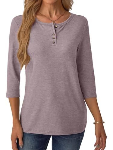 GKBK 3/4 Sleeve Womens Tops Fall Clothes Henley Casual Spring Summer Lightweight Basic Tunic Shirts Gray Purple - Thumbnail 4