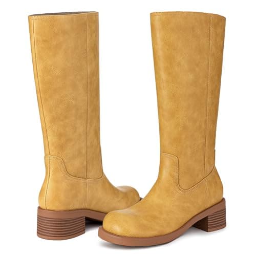 Athlefit Knee High Boots Women Square Toe Yellow Riding Boots Comfortable Slip On Chunky Block Heel Fall Booties Size 11 - Thumbnail 5