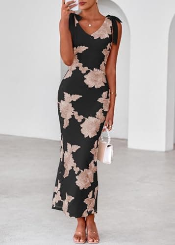 Lazysmile Womens Floral Embroidered Maxi Dress Sleeveless V Neck Tie Strap Ribbon Flower Mesh Party Cocktail Dresses - Thumbnail 4