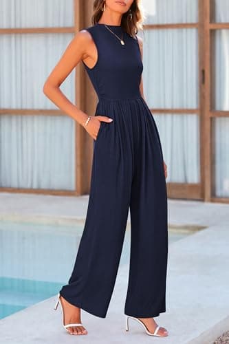 PRETTYGARDEN Womens Summer Jumpsuits Dressy Casual One Piece Outfits Sleeveless Mock Neck Wide Leg Pants Rompers with Pockets (Navy,Medium) - Thumbnail 4