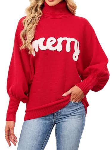 SunnyMelody Womens Cute Christmas Turtleneck Batwing Long Sleeve Oversized Sweaters for Women Fall Winter 2025 Trendy Holiday Party Funny Merry Letter Xmas Knit Sweater Pullover Tops Red-01 XL - Image 1