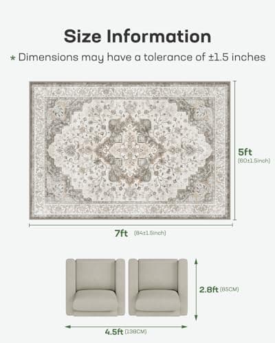 Marsail 5x7 Machine Washable Area Rug, Soft & Slip-Resistant Large Area Rug with Reinforced Bound Edges, Vintage Short-Pile Washable Rug with Floral Pattern for Living Room, Dinning Room and Bedroom - Thumbnail 2