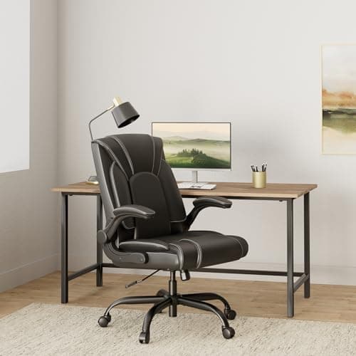 OUTFINE Flip-up Arms Office Chair 300lbs Executive Chair Swivel Office Chair with hydrolysis-Resistant Leather Spring Cushion Thick Padding and Ergonomic Design (Black, Flip Arm Medium) - Thumbnail 2