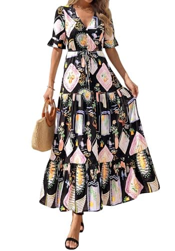 BTFBM Womens Summer Dresses 2026 Spring Casual Short Sleeve v Neck Boho Floral Flowy A-Line Tiered Maxi Dress Pockets(Floral Black Multi, X-Large) - Thumbnail 2