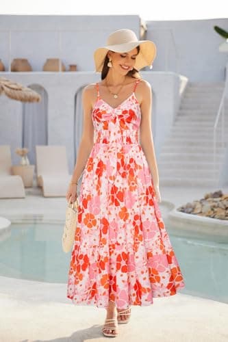 Women's Summer Casual Boho Dress Floral Print Ruffle Sleeveless High Waist Maxi Beach Dresses - Thumbnail 4