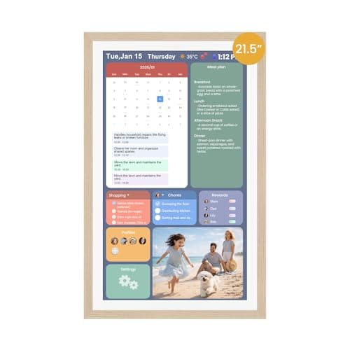 21.5-Inch Smart Digital Calendar & Photo Frame for Family, Wood Frame Large Wall Planner with Auto-Sync to Apple, Google & Outlook, Touchscreen Display with Chore Chart, To-Do Lists & Meal Planner, No Subscription