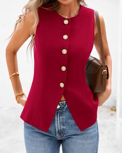 BTFBM Summer Sleeveless Blazer Vest For Women Dressy Button Down Round Neck Business Casual Outfits Work Suit Vests Tops(Red, Medium) - Thumbnail 5