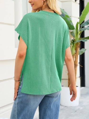 Womens Oversized Tshirts Summer Casual Cap Sleeve Ribbed Tops Loose Fit Flowy Dolman T Shirt Plus Size Teacher Outfits Tees Green L - Thumbnail 3