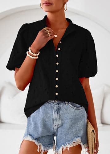 Lazysmile Summer Boho Tops for Women Short Sleeve V Neck Button Down Hollow Out Lace Embroidered Blouses Shirts Black - Thumbnail 4