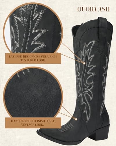 Quorvash Cowboy Boots for Women, Knee High Wide Calf Cowgirl Boots with Side Zipper, Snip Toe Western Boots, Black Size 8.5 - Thumbnail 5