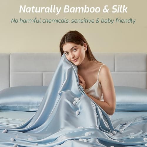 Silver Infused Bed Sheets - 20% Silk Blend Ultra-Soft Temperature-Regulating Fabric with Self-Cleaning that Stays Fresh 3X Longer for Hygienic Sleep (Light Blue, CK) - Thumbnail 6