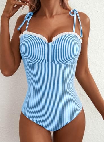 Herseas Womens Tummy Control One Piece Bathing Suits High Cut Striped Bathing Suit Tie Shoulder Swim Suits Classic 2026 Summer Cruise Outfits Beachwear Sky Blue Stripe Medium - Thumbnail 4