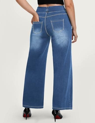 AVAMO Plus Size Jeans for Women Stretchy Wide Leg Pull On Sweatpant Jeans for Curvy Women High Waisted Baggy Denim Pants - Thumbnail 2