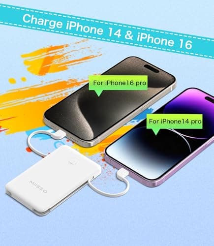 miisso 6000mah Ultra Slim Built in Cables Power Bank, Card Size Built in USB C Cords Battery Pack Portable Charger for Phones, 3 Output External Battery Pack Compatible with iPhone, Snow White - Thumbnail 5